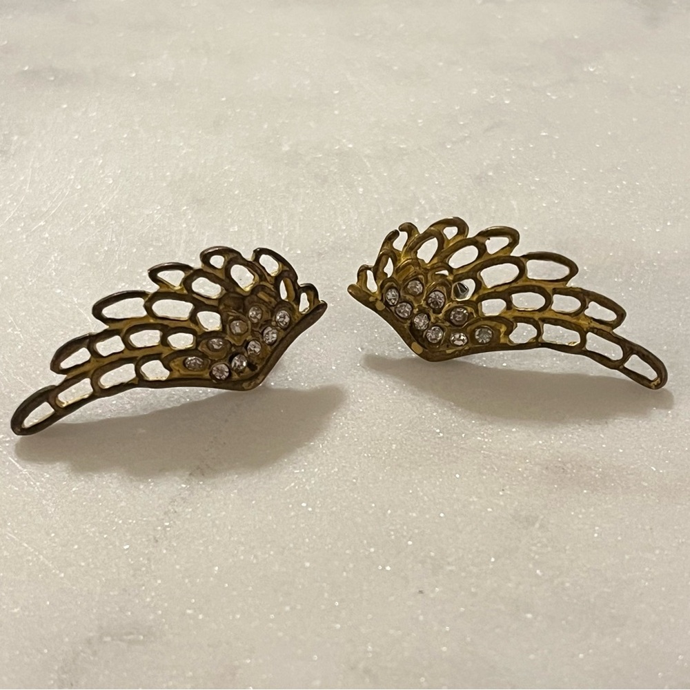 Angel Wing Earrings Bronze Tone with Rhinestone Post Earrings